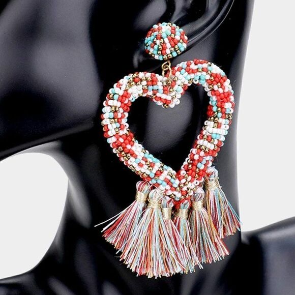 Seed Bead Heart Multi Tassel Earrings - Picture 2 of 5